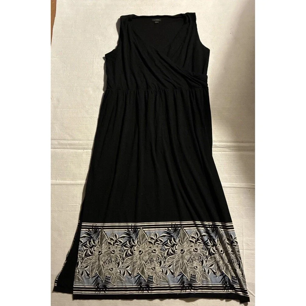 J. Jill Women’s Petite Large Black Floral Maxi Dress Sleeveless Slit Stretch